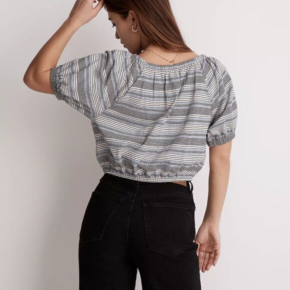 Madewell Jacquard Keyhole Crop Top in Stripe Tranquil Ocean M - Picture 3 of 5